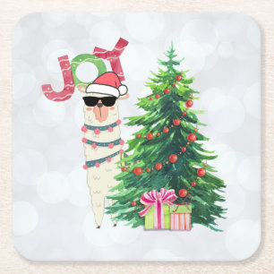 Joy Typografie Weihnachtslama mit Baum Rechteckiger Pappuntersetzer