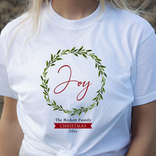 Joy Typography Script Christmas Wreath Holiday T-Shirt (Von Creator hochgeladen)