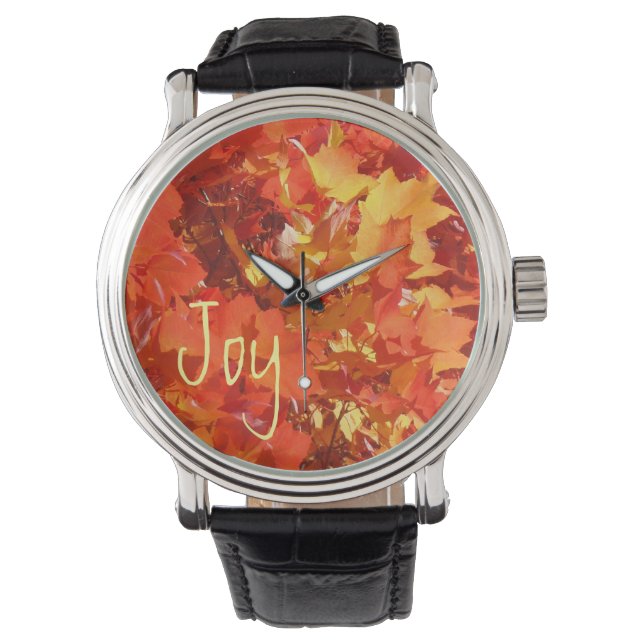 Joy Watches Designer Orange Red Yellow Blätter Armbanduhr (Vorderseite)