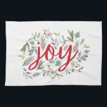 Joy Watercolor Floral Red Script Geschirrtuch<br><div class="desc">Weihnachtswasserfarbe Blumengestalt</div>