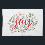 Joy Watercolor Floral Red Script Geschirrtuch<br><div class="desc">Weihnachtswasserfarbe Blumengestalt</div>