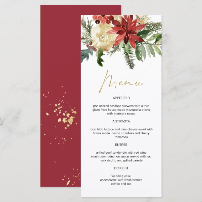JOY Winter Poinsettia Floral Gold Menü Cards Menükarte (Vorne/Hinten)