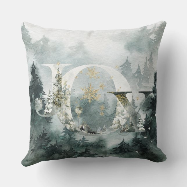 Joy Winter Woodland Mountain Forest Gold Snowflake Kissen (Rückseite)