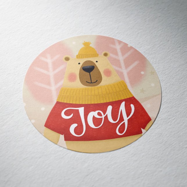 Joy Woodland Winter Bear | Niedlicher Weihnachtsfe Runder Aufkleber (Von Creator hochgeladen)