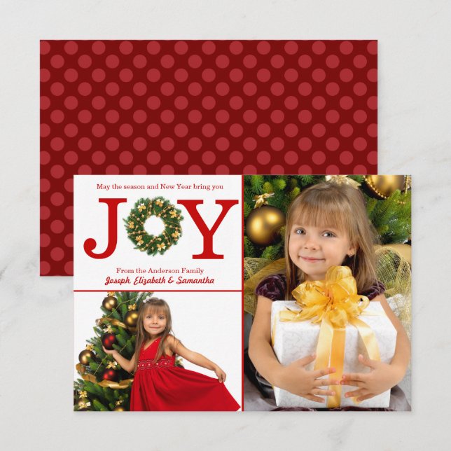 Joy Wreath 2 Fotos Red Dots - 3x5 Weihnachtskarte Einladung (Vorne/Hinten)