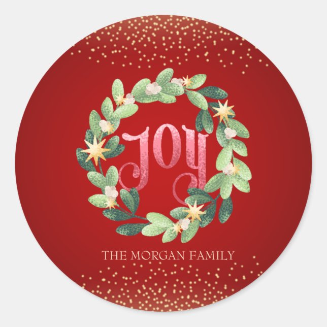 Joy, Wreath Christmas Runder Aufkleber (Vorderseite)