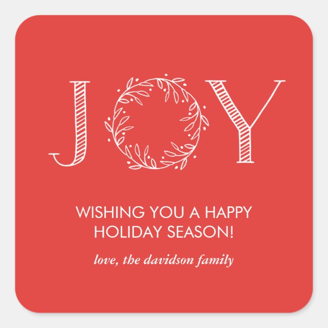 Joy Wreath Red Typografy Personalisiert Stickers (Vorderseite)