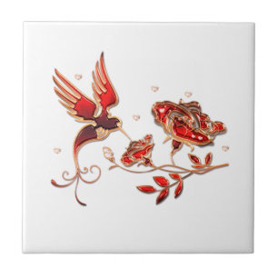 Joyau rouge et or Oiseau et carreaux en céramique
