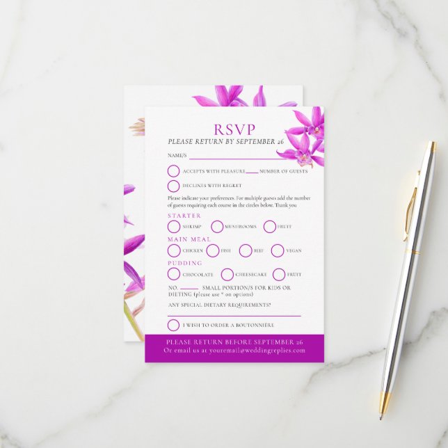 Joyau violet orchidée d'aquarelle mariage RSVP car (Devant/Arrière en situation)