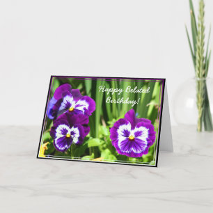 Joyeuse Anniversaire Belated Purple Pansies carte