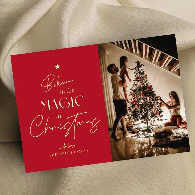 Joyeuse calligraphie de Noël Carte à huile photo r (Family photo Christmas greeting card in red and gold foil)