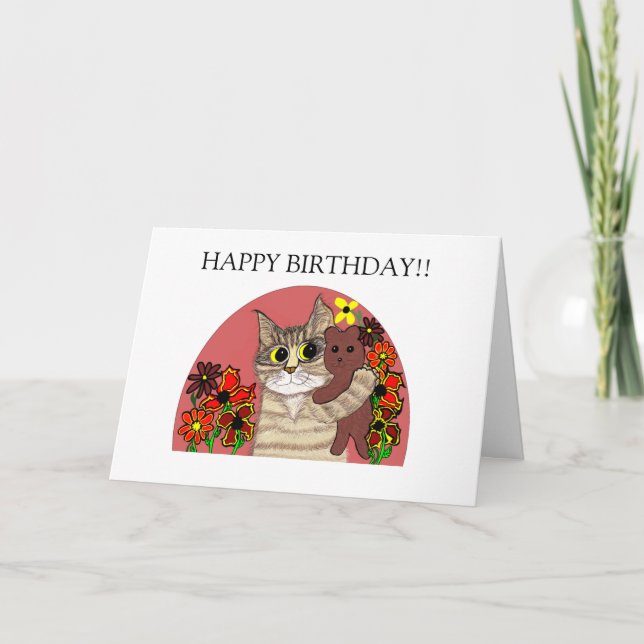 joyeuse carte d'anniversaire enfant chat tenant pe (Devant)