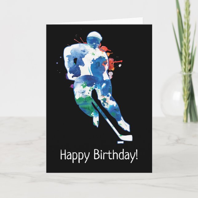 Joyeuse carte d'aquarelle du joueur de hockey d'an (Devant)