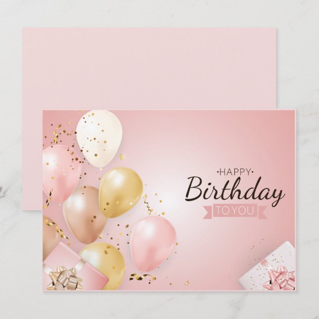 Joyeuse carte de balon rose anniversaire (Devant / Derrière)