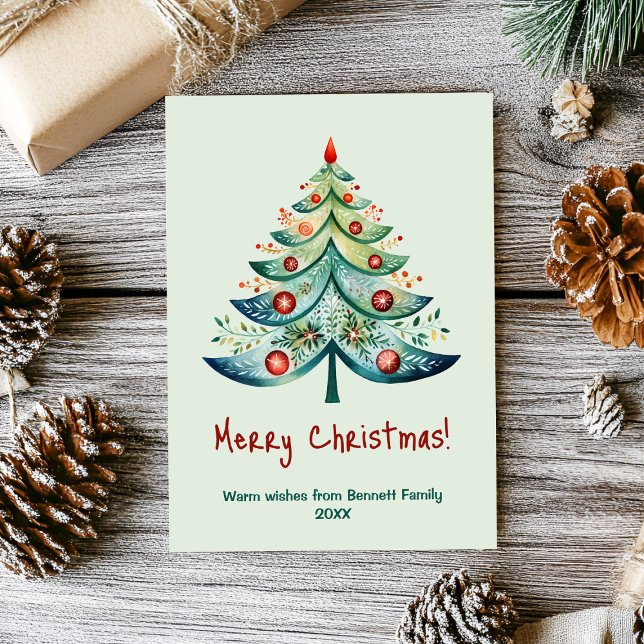 Joyeuse carte de vacances famille Noël (Minimalist holiday magic: our watercolor tree card is the perfect festive touch 🌿❄️)