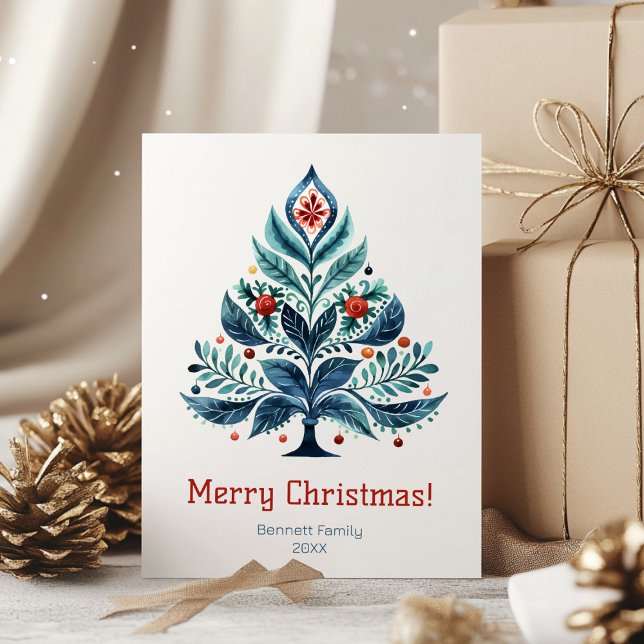 Joyeuse carte de vacances famille Noël (“Celebrate simply. A watercolor tree card to brighten your loved ones’ Christmas 🎄✨)