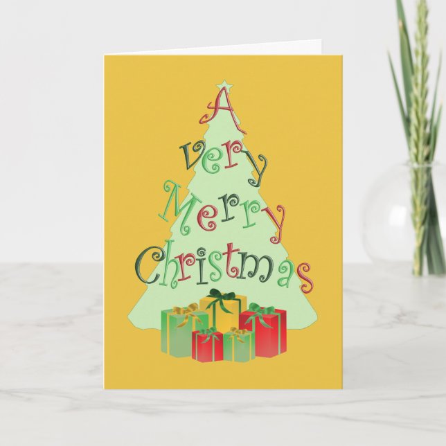 Joyeuse carte de voeux de Noël avec arbre et cadea (Devant)