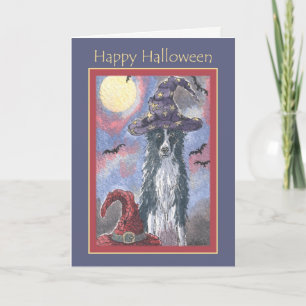 Joyeuse carte Halloween, fraise collie chien assis