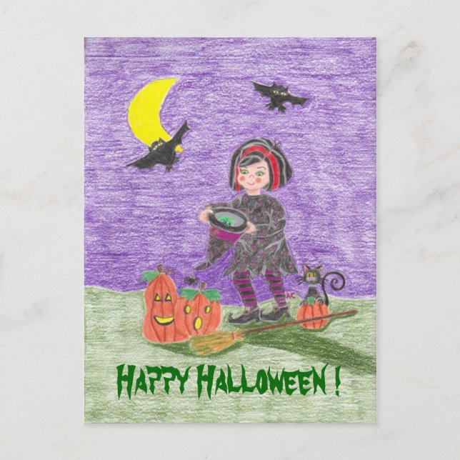 Joyeuse carte postale Halloween Witch Kid ! (Devant)
