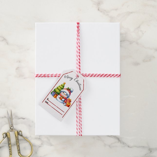 Joyeuse étiquette de Noël avec bonhomme de neige e (Avec de la ficelle)