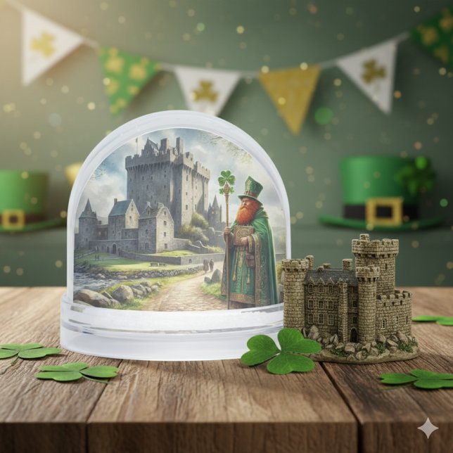 Joyeuse Saint-Patrick (St. Patrick’s Day snow globe mockup with Blarney Castle and shamrock on rustic wood table.)