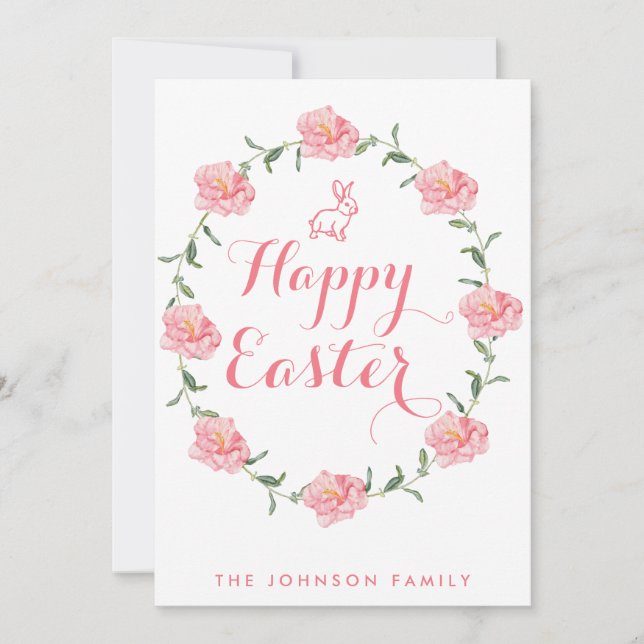 Joyeuses Cartes De Pâques Lapin Rose Et Wreath (Devant)