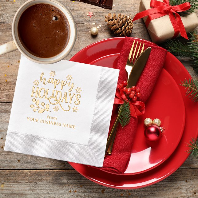 Joyeuses Fêtes de neige | Holly Business (Festive "Happy Holidays" Snowflakes and Holly Family or Business Name Stamped Foil Napkins)