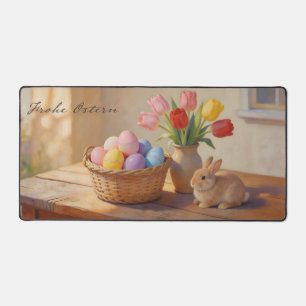 Joyeuses Pâques avec des œufs colorés et des tulip