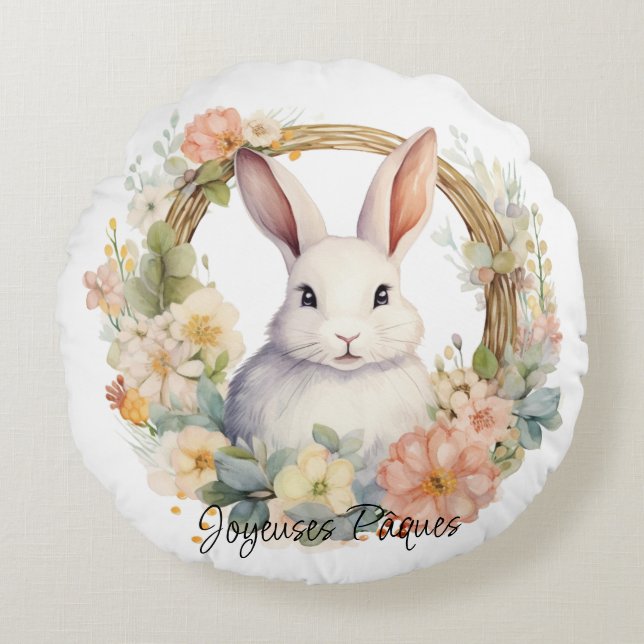 Joyeuses Pâques Easter Bunny in einem Blumenkranz Rundes Kissen (Vorderseite)