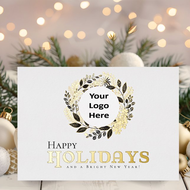 Joyeuses vacances Gold Wreath Business Noël (Happy Holidays Corporate Christmas Card in Black and Gold Foil for employees, clients, and customers)