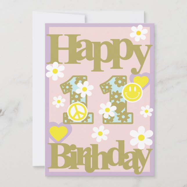 Joyeux 11e anniversaire - Carte fille aux fleurs (Devant)