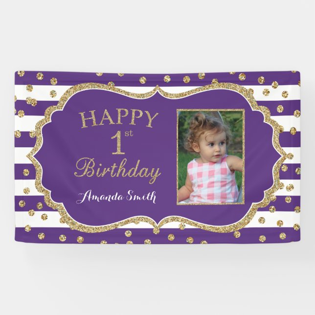 Joyeux 1er Anniversaire Bannière Purple Gold Photo (Horizontal)