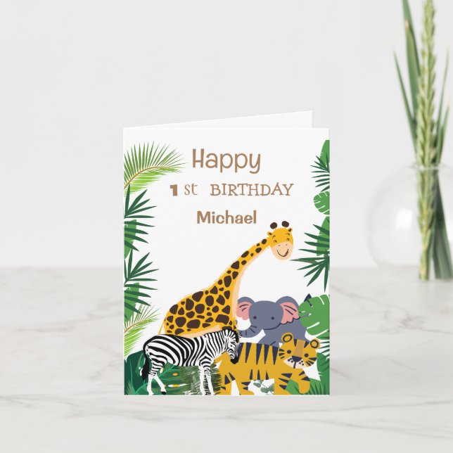 Joyeux 1er anniversaire mignon bébé animaux safari (Devant)