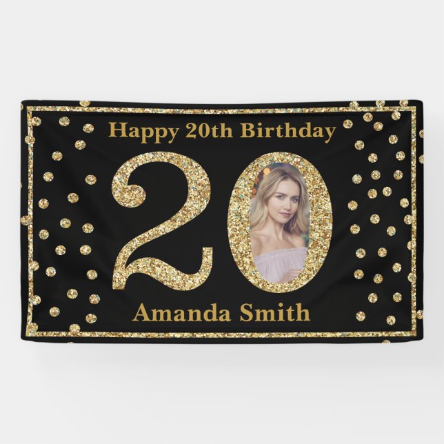 Joyeux 20e anniversaire bannière Black and Gold Ph (Horizontal)