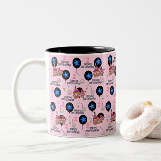 Joyeux 2 Anniversaire Mug Balloons #2 Rose (Avec donut)