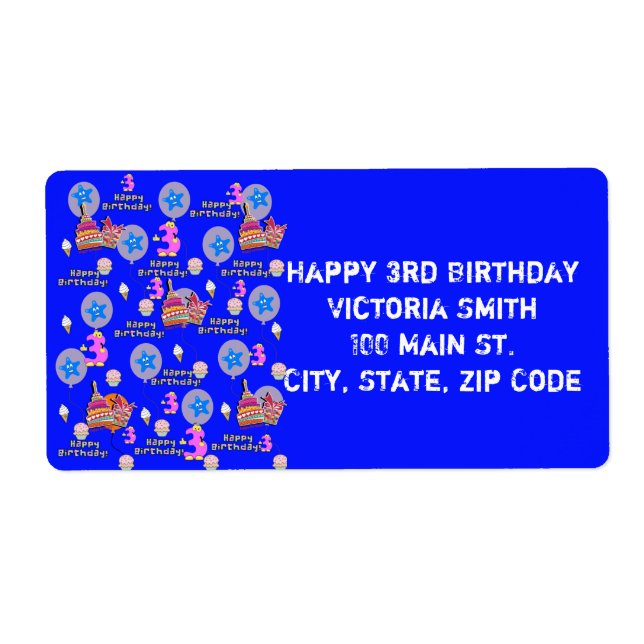 Joyeux 3e anniversaire Étiquettes de adresse, Bleu (Devant)