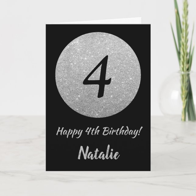 Joyeux 4ème Anniversaire Carte Pailletée Noir et A (Devant)