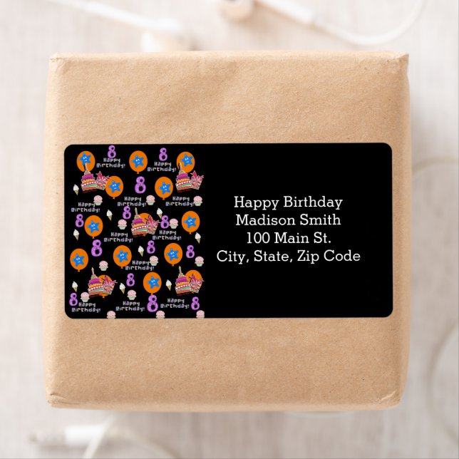 Joyeux 8e anniversaire Étiquettes de adresse, Noir (En situation)