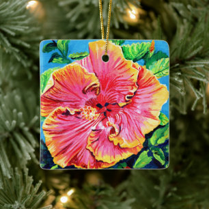 Joyeux Aloha rose Hibiscus céramique ornement