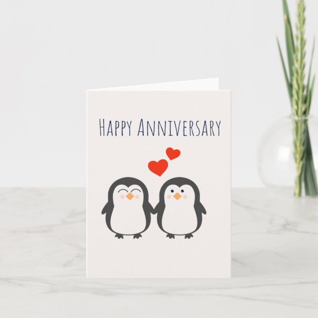 Joyeux Anniversaire - Carte Couple Pingouin Cute (Devant)