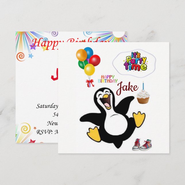 Joyeux Anniversaire Carte Invitation Penguin (Devant / Derrière)