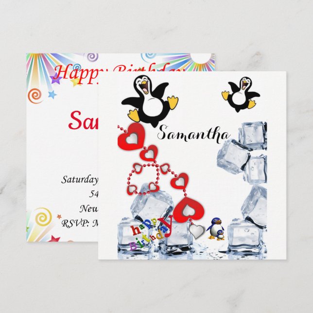Joyeux Anniversaire Carte Invitation Penguin (Devant / Derrière)