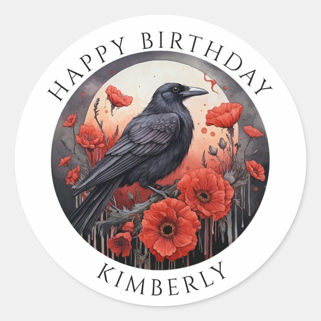 Joyeux anniversaire Crow Bird Flowers Sticker (Devant)