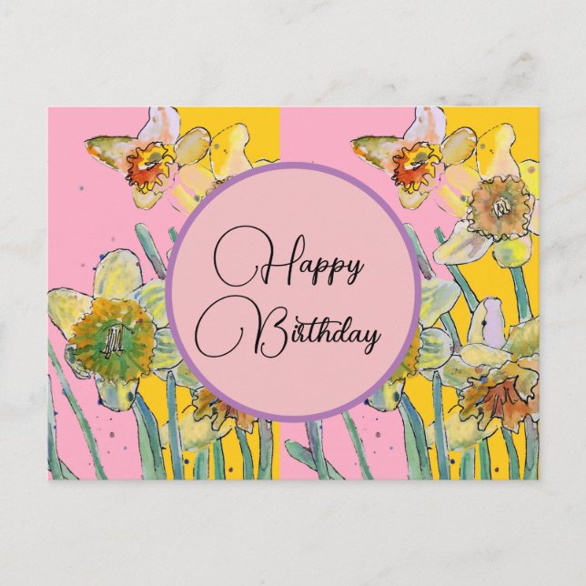 Joyeux Anniversaire Daffodil floral Rose Carte Pos (Devant)