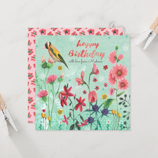 Joyeux anniversaire fleurs florales | Carte de voe (Devant/Arrière en situation)