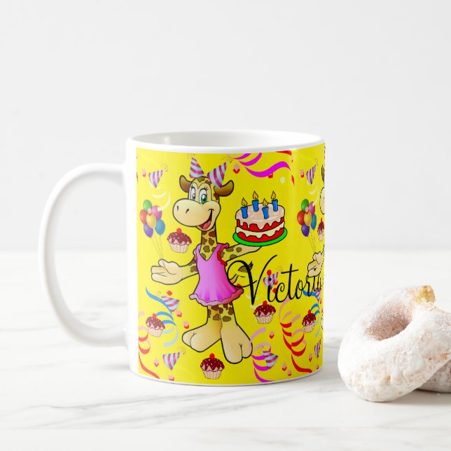 Joyeux Anniversaire Giraffe Mug Jaune (Avec donut)