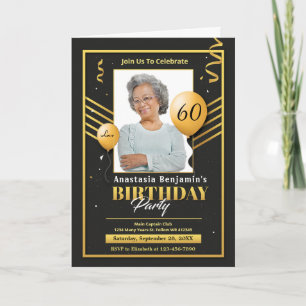 Joyeux anniversaire Gold Black Balloons Invitation