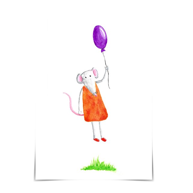 Joyeux anniversaire Missy Mouse tenant une carte à (A cute little mouse holding a purple balloon and wearing an orange dress floats toward the sky.)