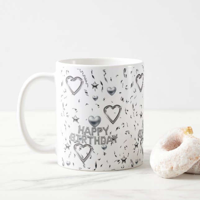 Joyeux Anniversaire Mug Coeurs d'argent (Avec donut)