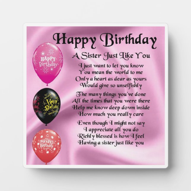 Joyeux Anniversaire Soeur Poème Plaque (Devant)